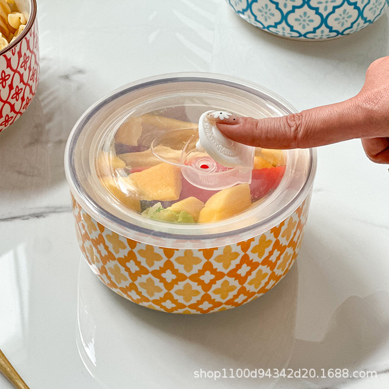 Ceramic lunch box, fresh-keeping box, round bento box with covered bowl, office worker lunch box, microwave oven heating, student instant noodle bowl Specification image