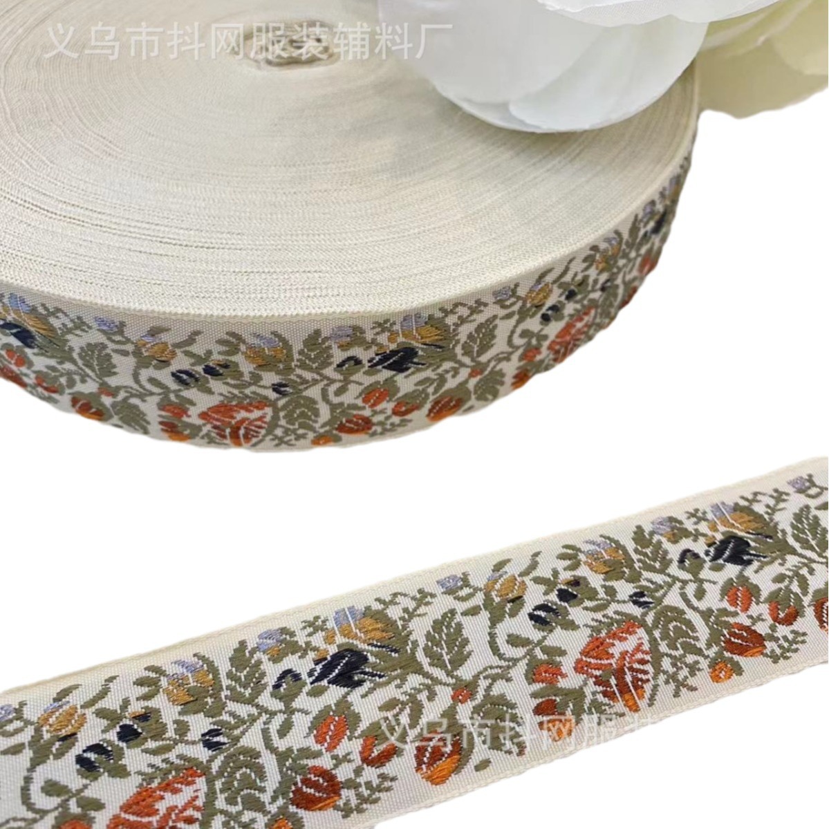 3.3cm floral and ethnic style embroidered jacquard ribbons, DIY bow webbing, hair accessories, hair clips, shoes, hats and clothing Item Picture
