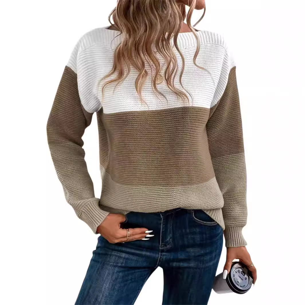 2024 Cross-border autumn and Winter new knitted sweater for women's export, color-blocking and patchwork round-neck long-sleeved pullover Item Picture
