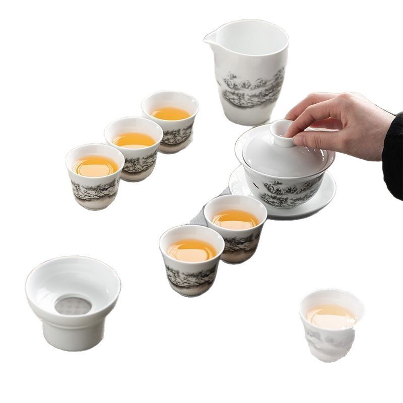 "Jadeite travel tea set, outdoor convenient white porcelain Gongfu tea art supplies, company business souvenirs. Item Picture