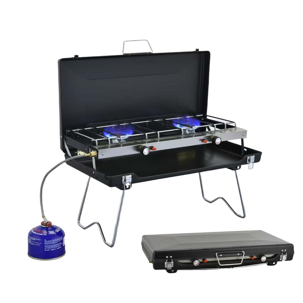 Factory direct sales of outdoor portable folding double-burner gas stove, camping and picnic windproof stove, gas stove with barbecue grill details Picture
