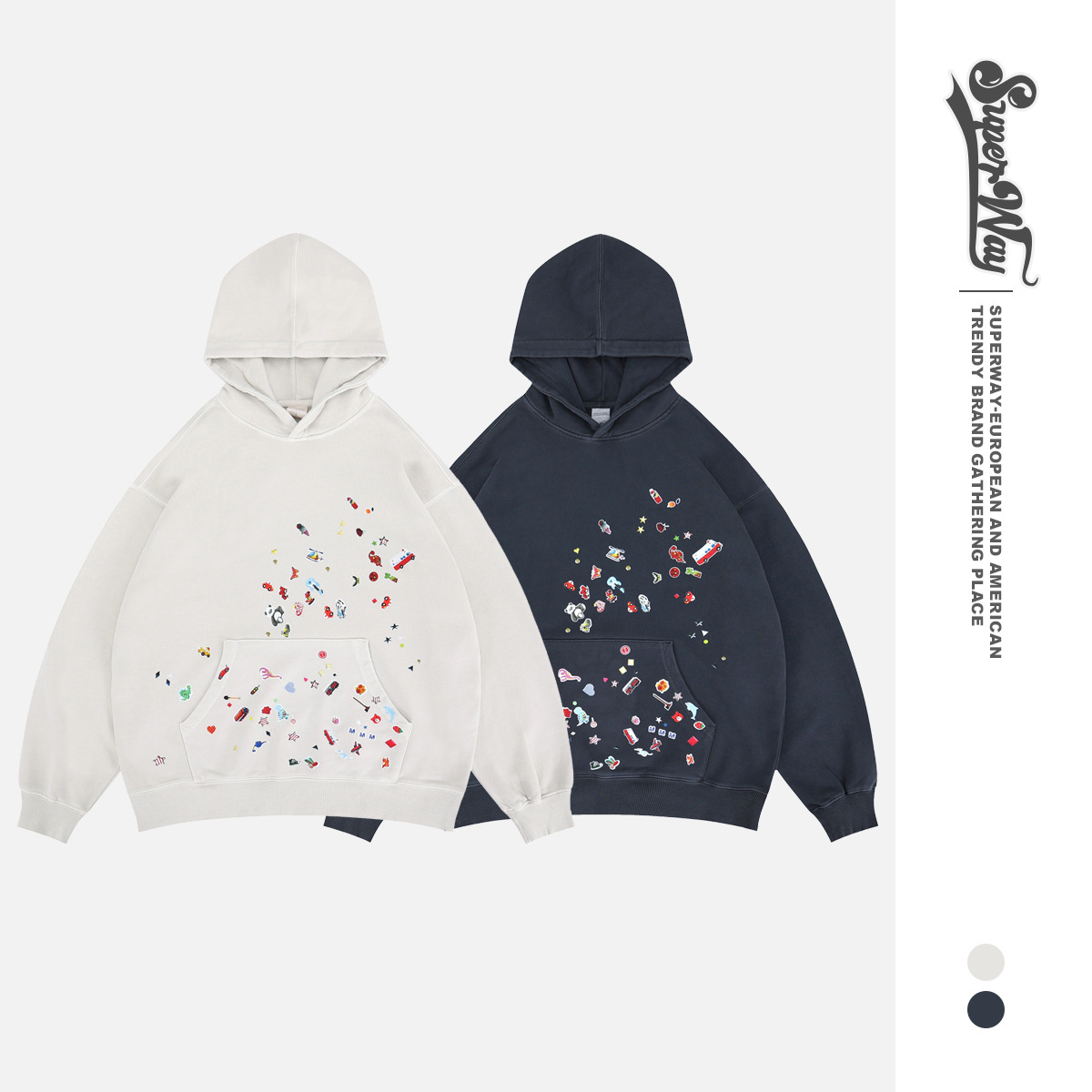 澜海男装|2025秋冬新品潮牌卡通趣味贴纸童趣口碧纹染连帽卫衣男