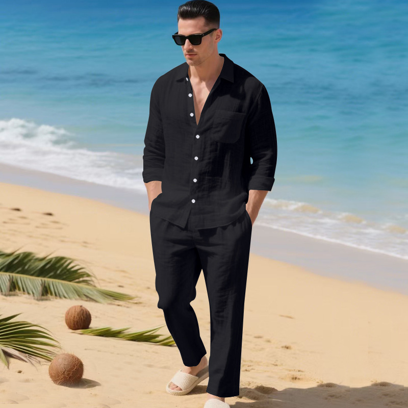 Cross-border European and American men's autumn loose and trendy linen solid color simple lapel long-sleeved shirt beach long pants set Specification image