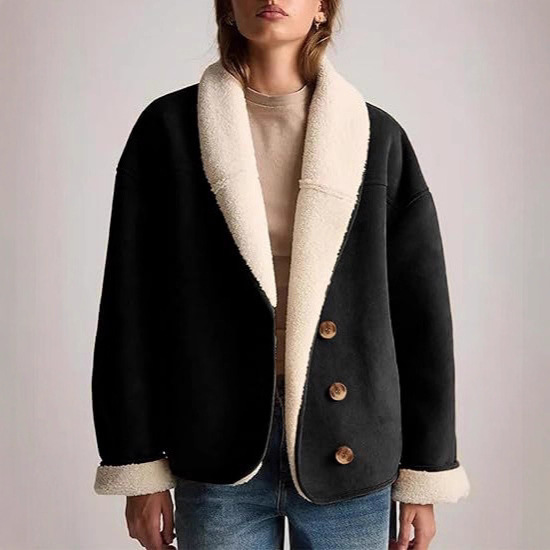 Women's Suede Jacket, Lambskin Casual Coat, Loose Lapel, Warm Winter Coat With Pockets X0050 details Picture