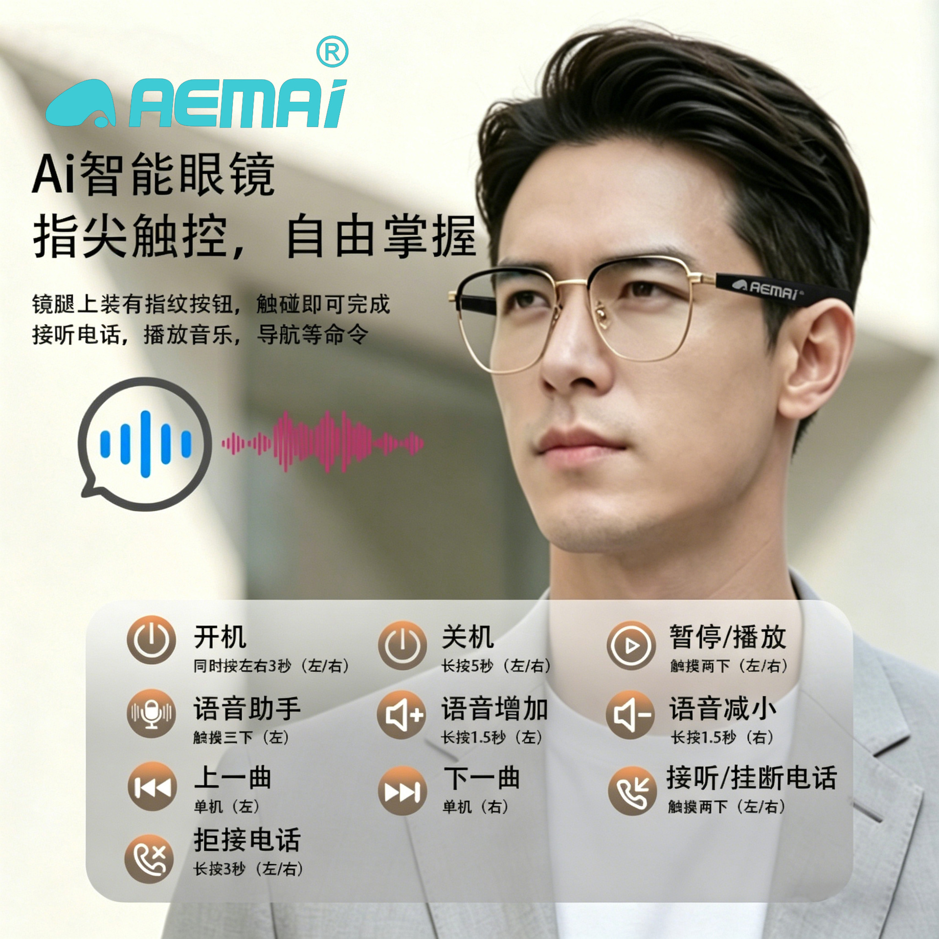蓝牙智能穿戴音频眼镜AI翻译同声传译实时防紫外线听歌翻译黑科技