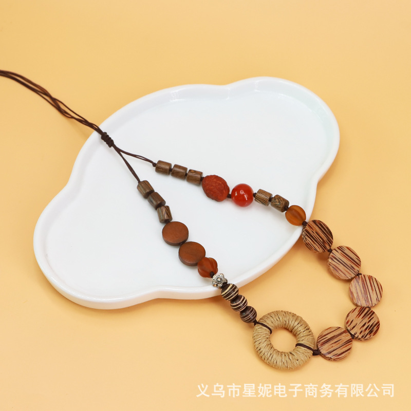 Xingni Original long coconut wood straw woven circle, long glass and solid wood sweater chain, retro ethnic style accessories cross-border Specification image