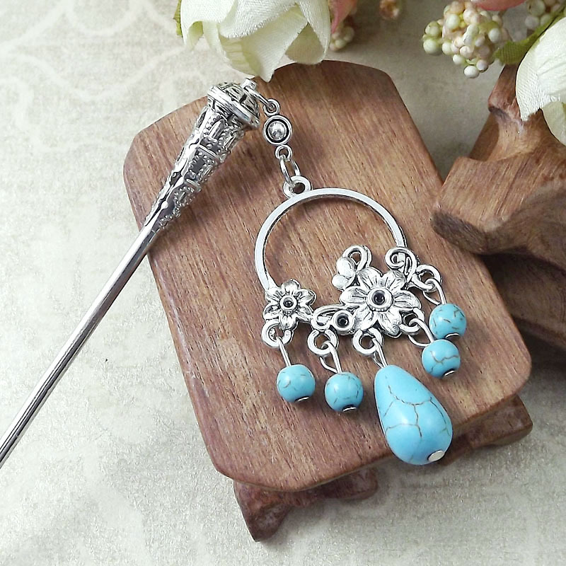 民族风波西米亚饰品苗族苗银带坠舞台演出发簪发钗发饰头饰簪子细节图