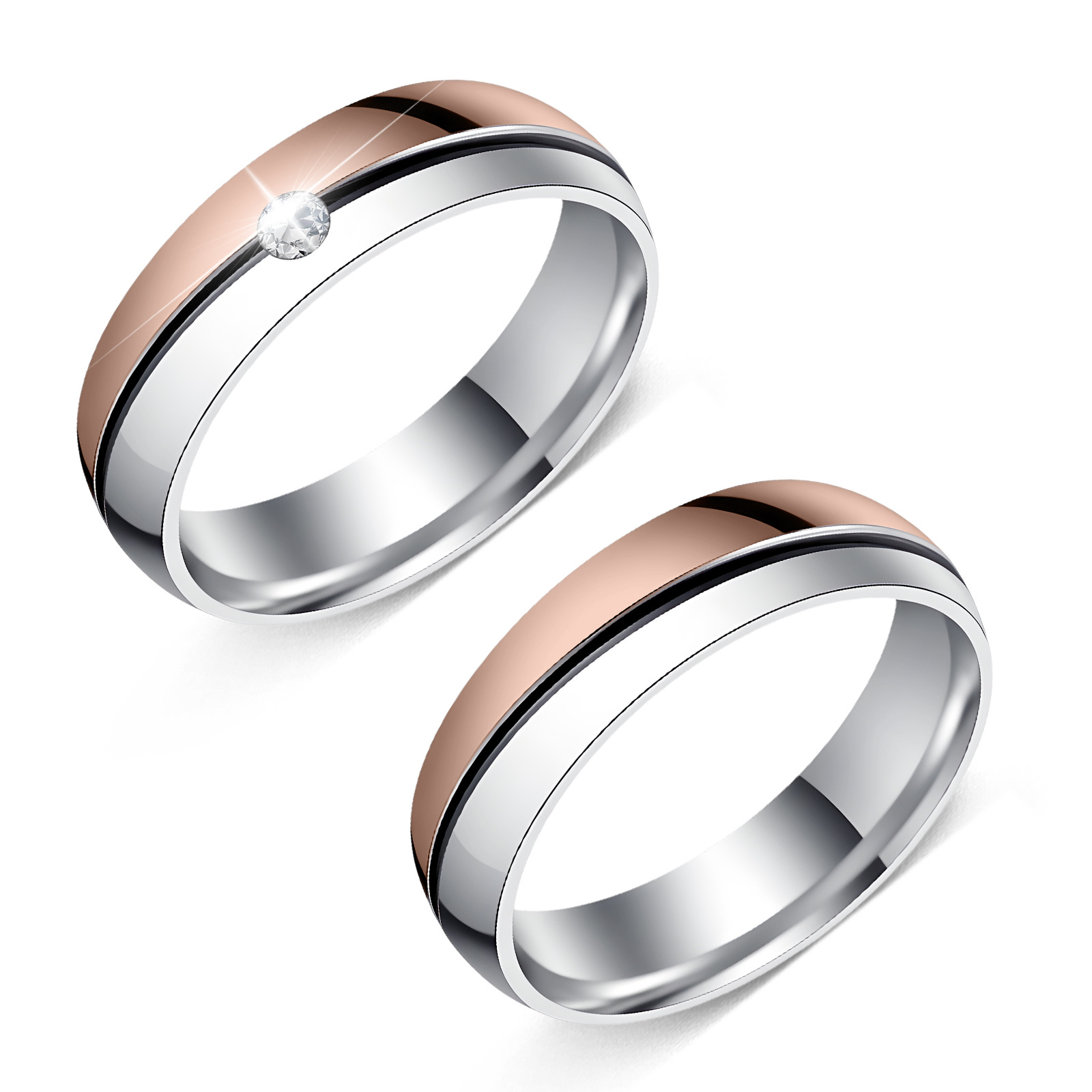 Cross-border European and American 6mm couple rings, men's and women's wedding rings, titanium steel jewelry, diamond-encrusted rings, diagonal electroplating, no color fading