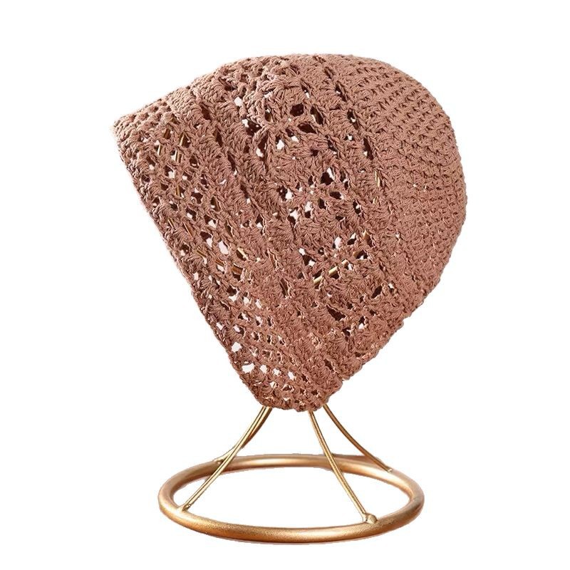 Pure hand-woven headband hat for women, spring and summer thin, breathable and hollowed-out knitted hat, lace artistic pullover, pile hat Item Picture