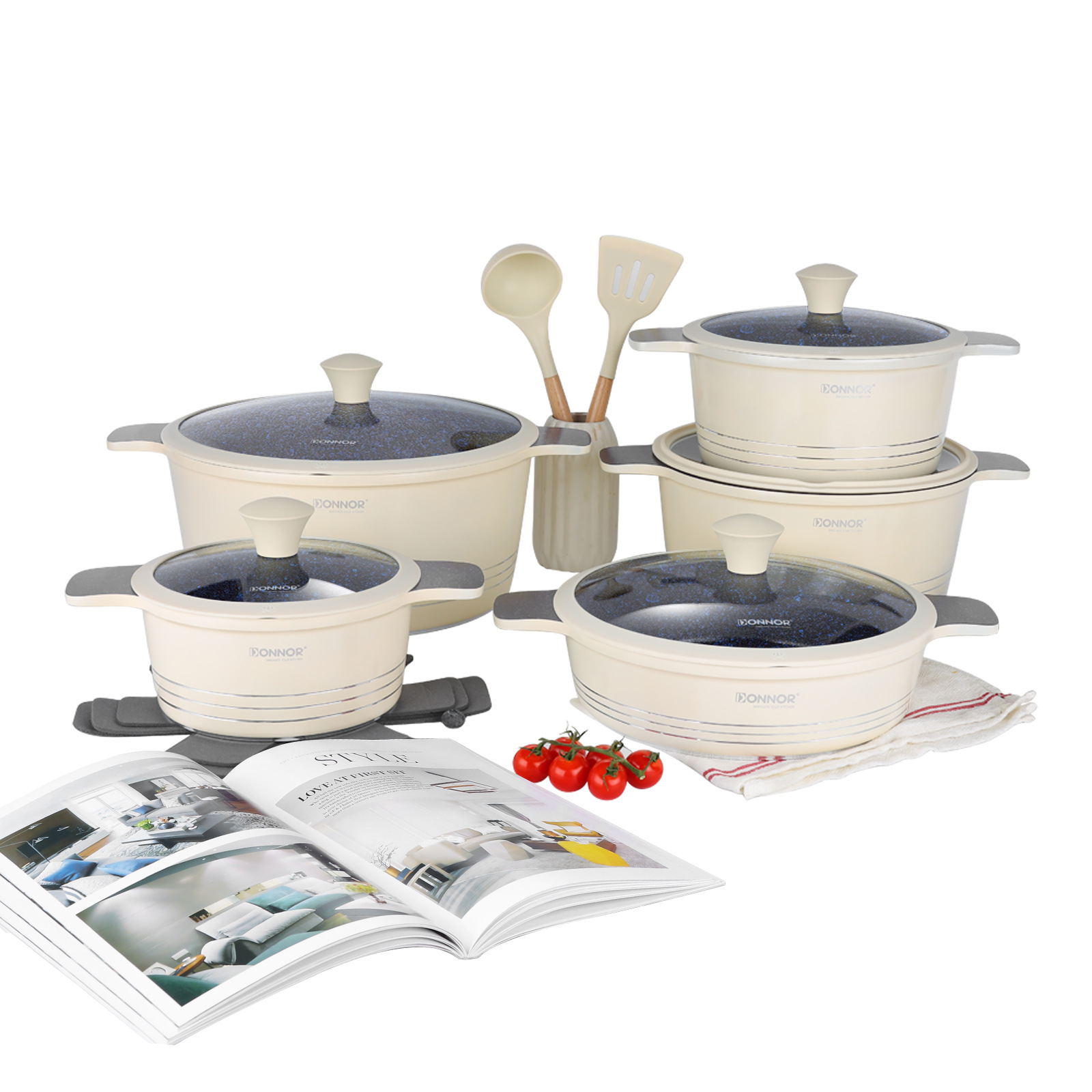 Magnífico conjunto de 15 piezas olla cocina inferior coche olla antiadherente para el hogar olla de cocina para el hogar conjunto de utensilios Item Picture