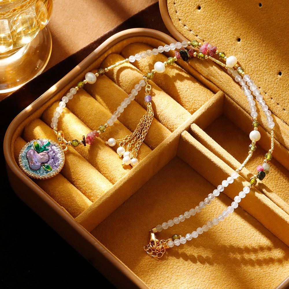 Hyacinth oil painting style necklace, Baroque natural pearl crystal collarbone chain, new Chinese ancient style, elegant and high-end sweater chain Specification image