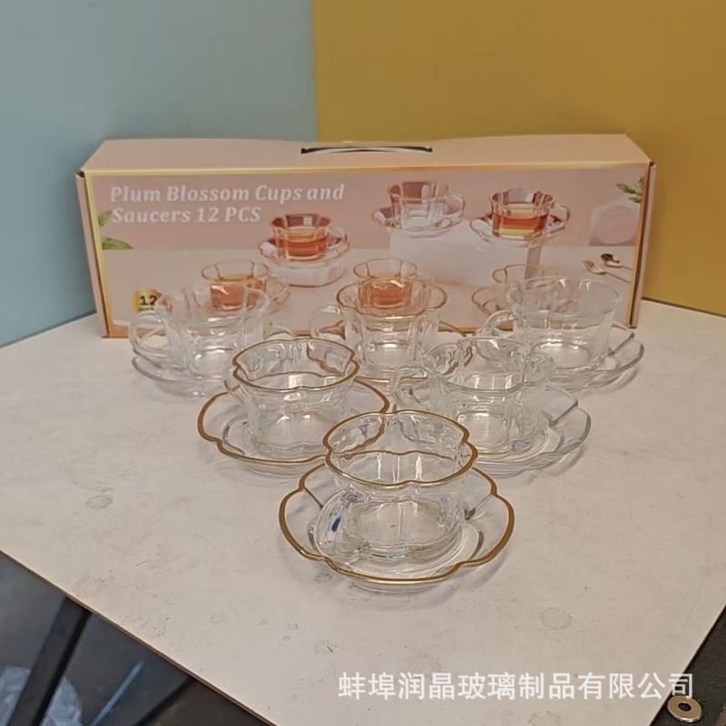 梅花玻璃杯六件套家用耐高温奶杯杯子加厚透明咖啡杯碟套装随手礼产品图