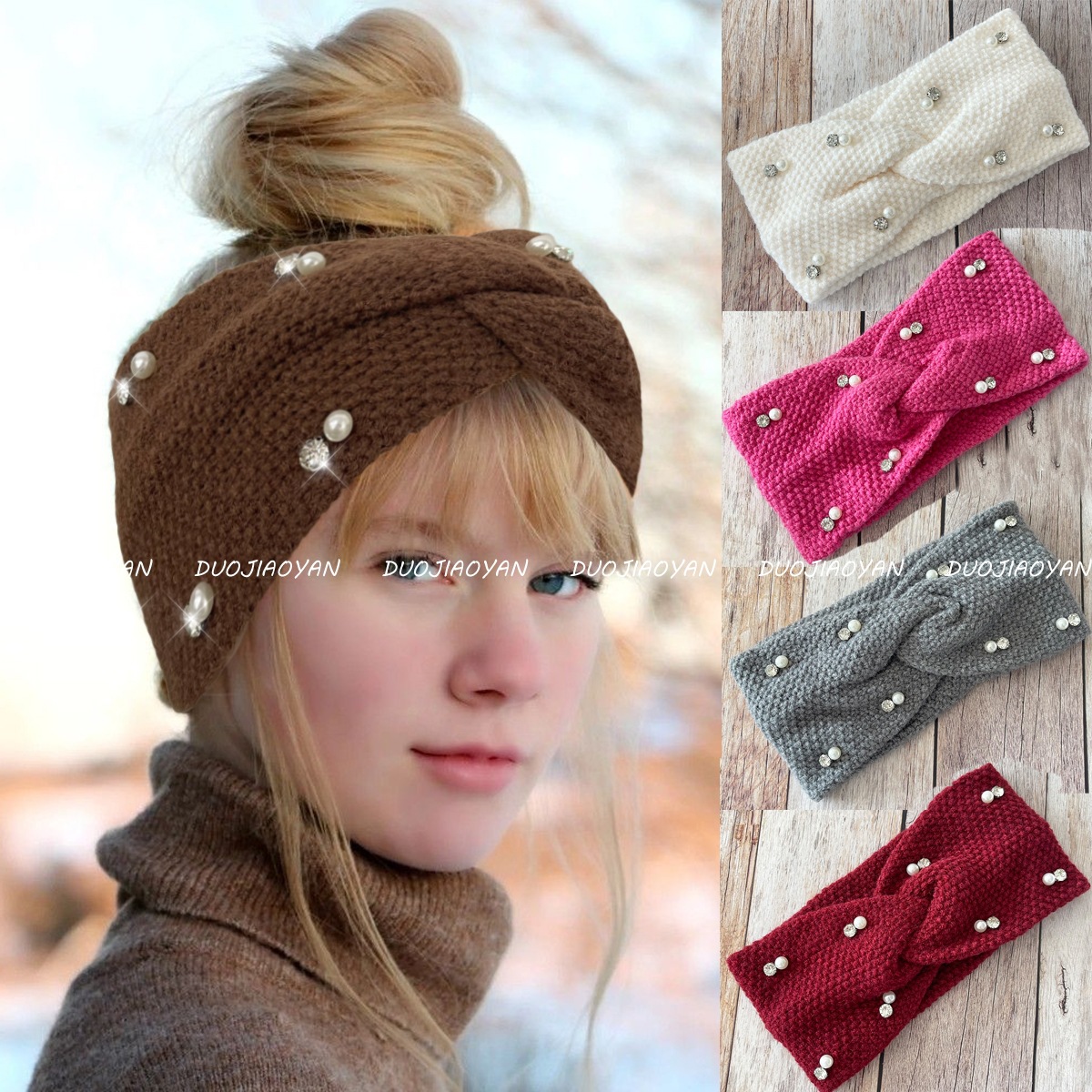 New cross-border wool beaded headband, solid color retro pearl simple headwear, wide edge elastic knitted warm headband full figure