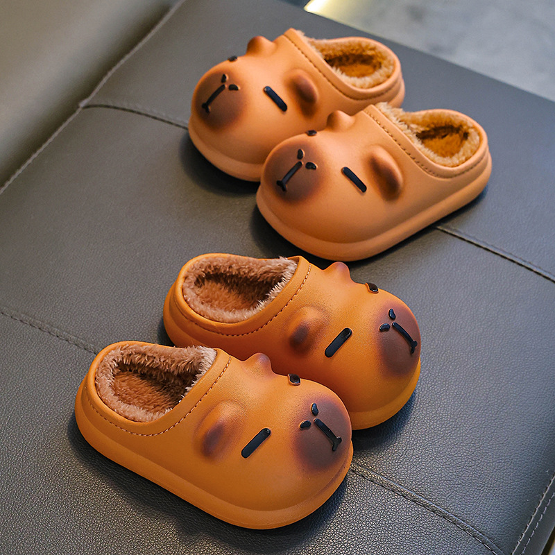 卡皮巴拉儿童棉拖鞋冬男女童保暖加绒防水居家亲子中大童小孩棉鞋细节图