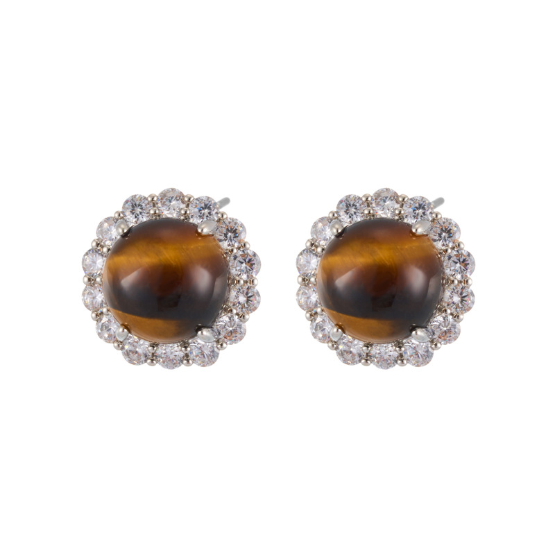 Retro luz de lujo piedras naturales pendientes aleación de cobre con zirconitas incrustadas ágata roja calcedonia piedra ojo de tigre s925 plata agujas auricular Item Picture