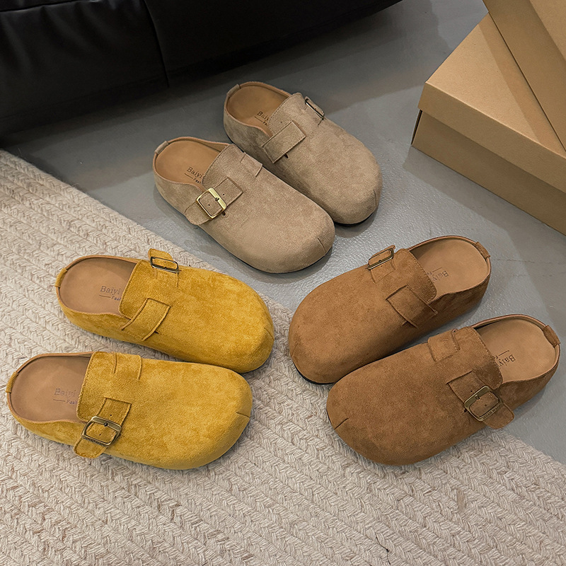 Retro Boken headwear slippers for women with inner height increase 2025 new spring and autumn fashion thick-soled matte leather Boken half slippers