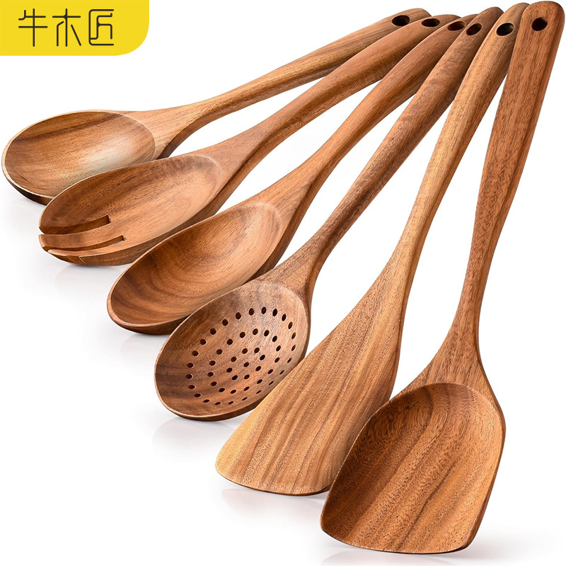 牛木匠跨境小叶相思木锅铲炒菜锅铲子汤勺木铲柚木厨具套装木质