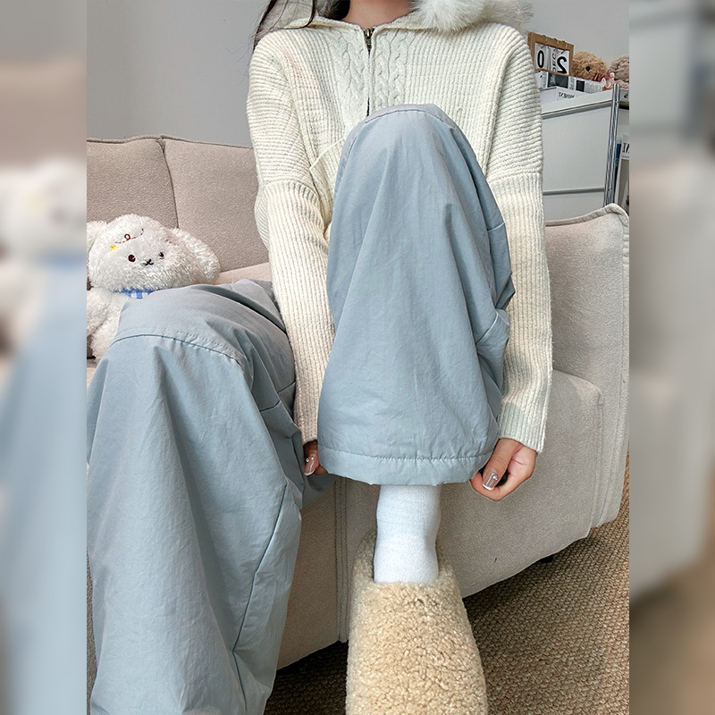 冬季加厚保暖棉裤女款宽松纯色直筒裤2025新款休闲百搭阔腿裤批发