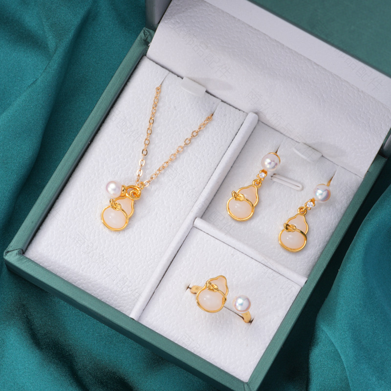 Pearl ring, earneedle pendant, micro-inlaid three-piece set, empty stand, natural stone gourd, oil-dripping crushed shells, DIY gourd element details Picture