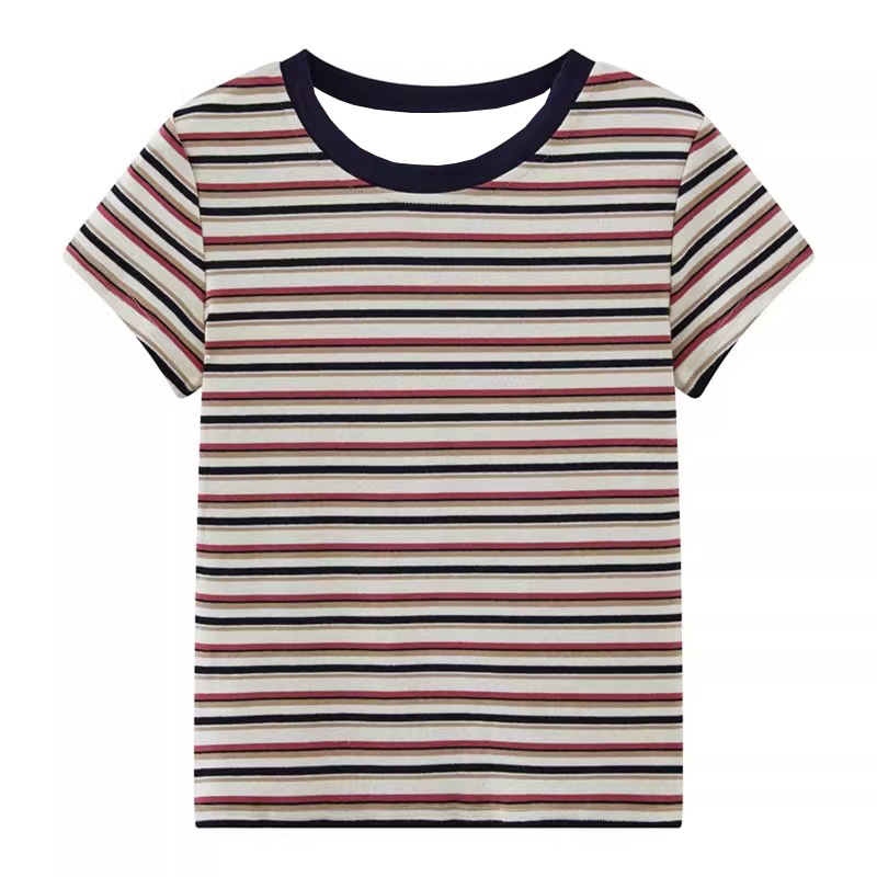 This is a new retro color-blocking striped short-sleeved T-shirt with a unique design sense for the summer of 2025. It is a versatile top for women to slim and look good Item Picture