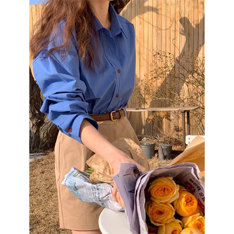 Klein Blue Shirt Women's 2025 Spring High-end Design Niche Retro Korean Loose Shirt New style Specification image