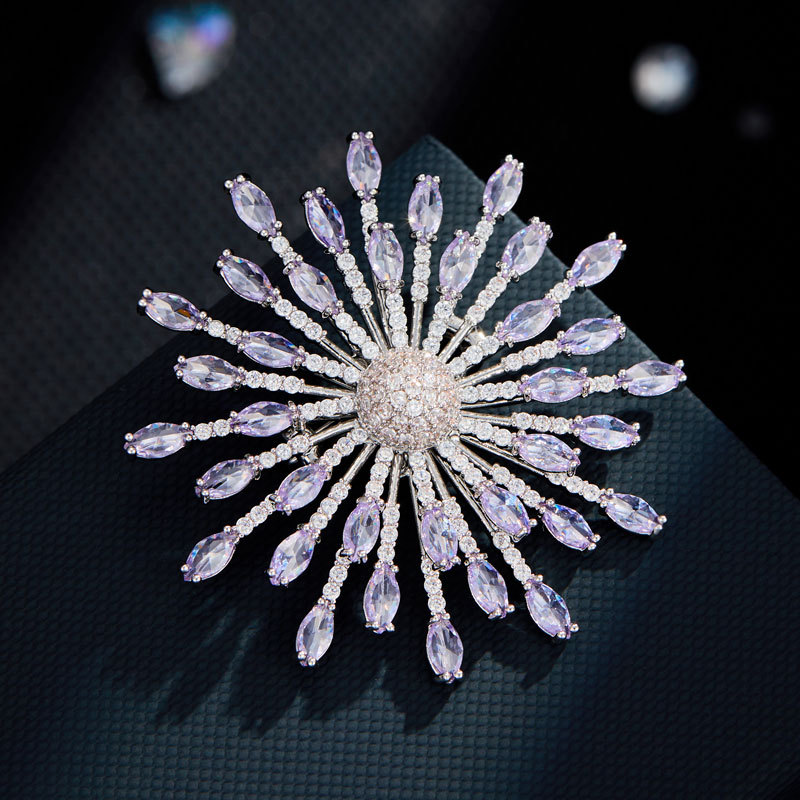 A light luxury amethyst firework brooch made of copper alloy with micro-inlaid zirconium, a fashionable, eye-catching and high-end clothing brooch bestseller