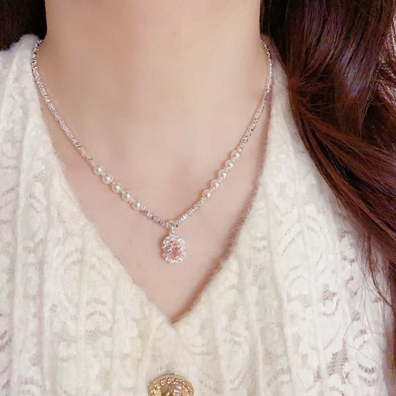 Pink zircon pendant, silver pearl necklace, exquisite, individual, fashionable and versatile collarbone chain accessory source manufacturer