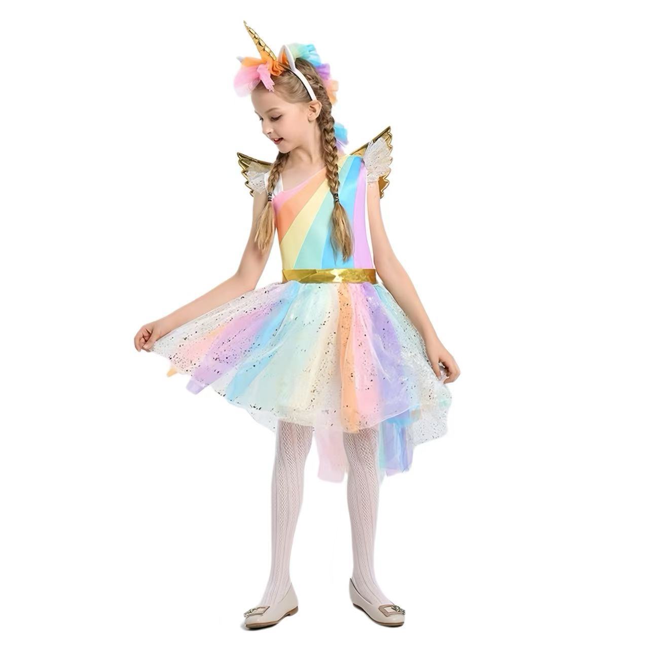 儿童演出服万圣节cosplay服装独角兽连衣裙子舞台表演彩虹