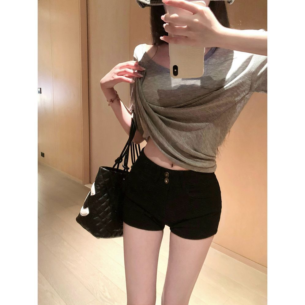 美式辣妹黑色弹力牛仔短裤女春夏新款小个子修身低腰显瘦包臀热裤