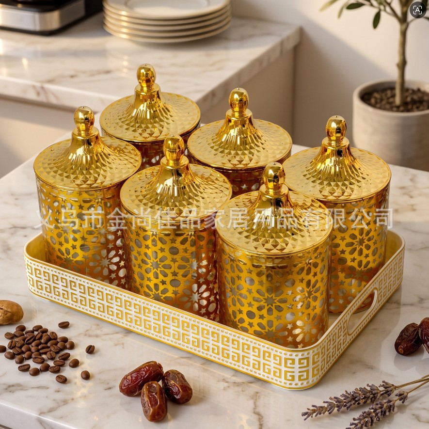 Storage jar Best-selling European-style gilded round sealed jar household storage jar with tray storage jar set