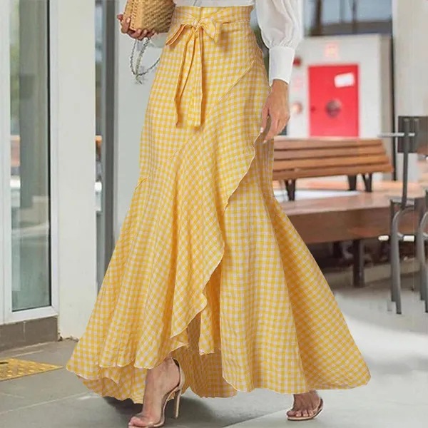 Cross-border women's checkered mermaid skirt with ruffled edges and irregular hem, high-waisted casual umbrella-wrapped long dress Application Scenario