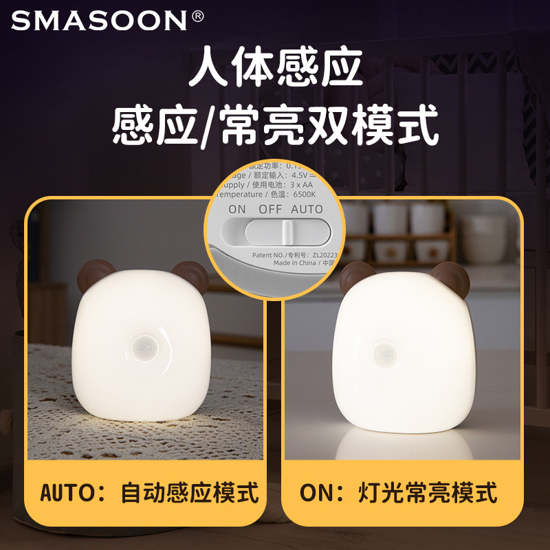 Wholesale export of battery-powered smart cartoon human body sensor night light for baby feeding, eye protection, weak light bedroom sleep light details Picture
