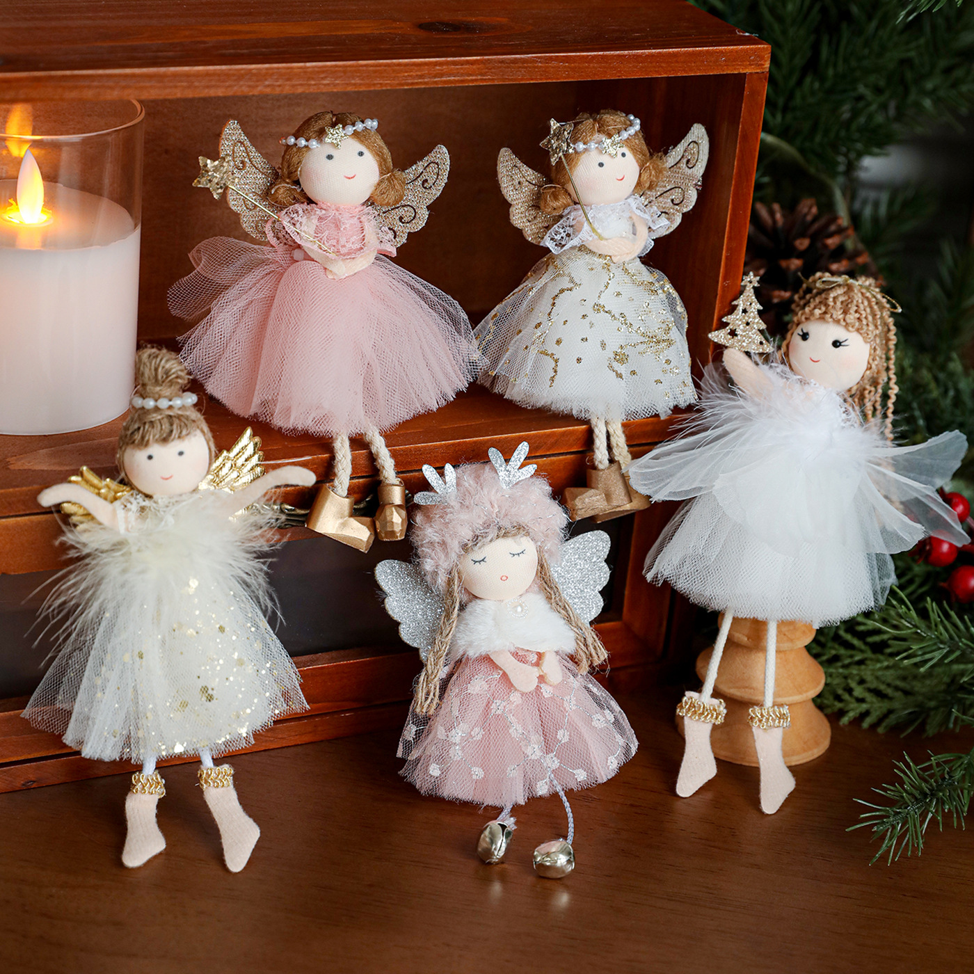 新款圣诞节毛绒网纱天使女孩挂件圣诞树挂饰创意玩偶娃娃装饰吊饰