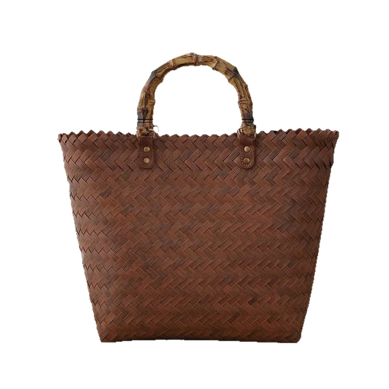 Cross-border bamboo weaving bag, rattan weaving handbag, straw weaving bag, bamboo joint bag, retro pure hand-woven bag, vegetable basket, simple and versatile single-shoulder bag, hand-woven bamboo weaving bag Item Picture
