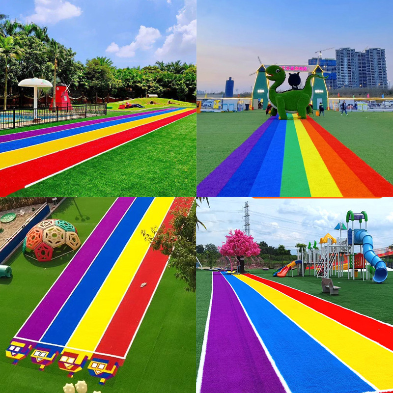 Export customized artificial color lawn for kindergartens, rainbow running tracks, outdoor red, yellow, blue and purple artificial grass carpet pads details Picture