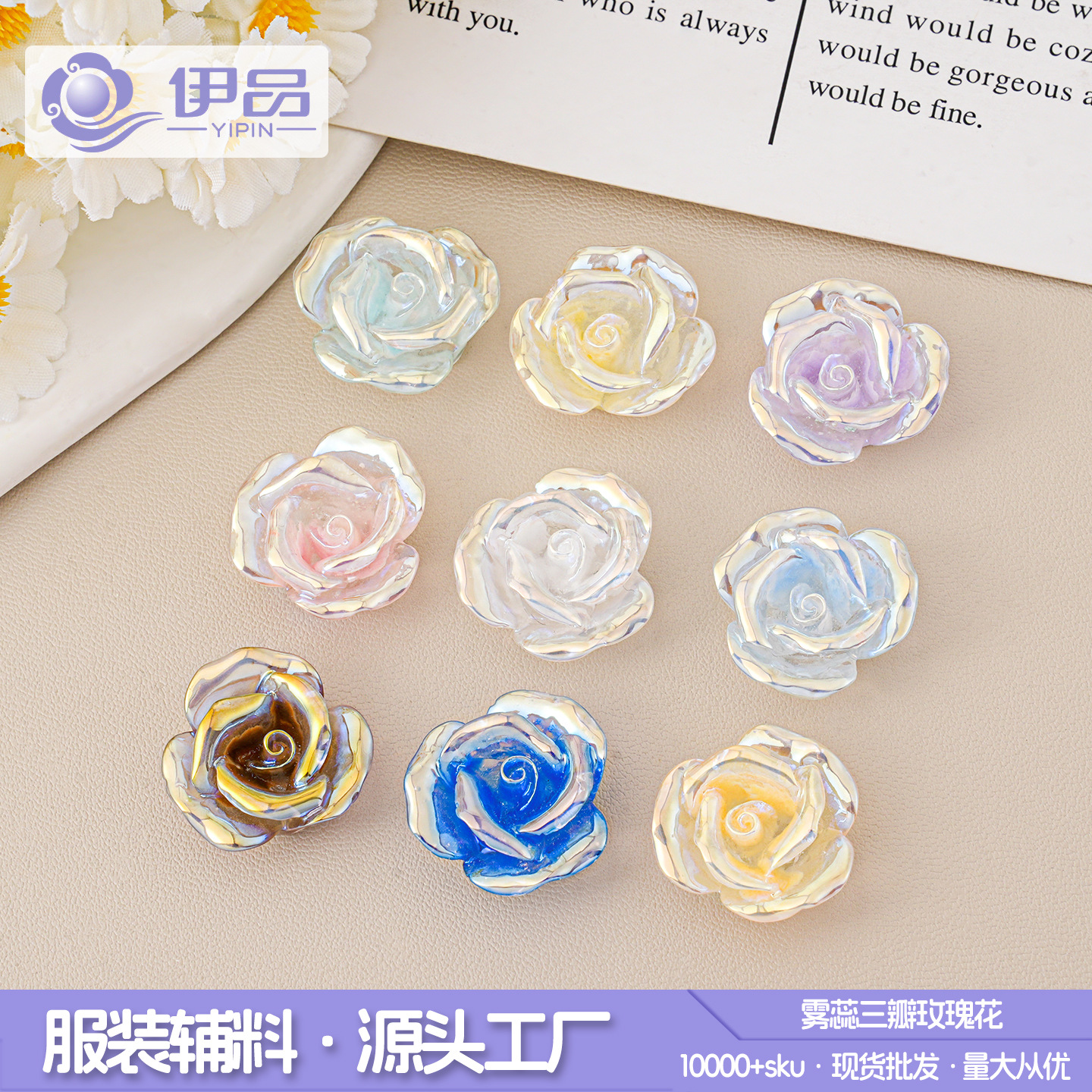 醋酸极光镀彩玫瑰花树脂发饰头饰配件山茶花diy发夹配件材料批发