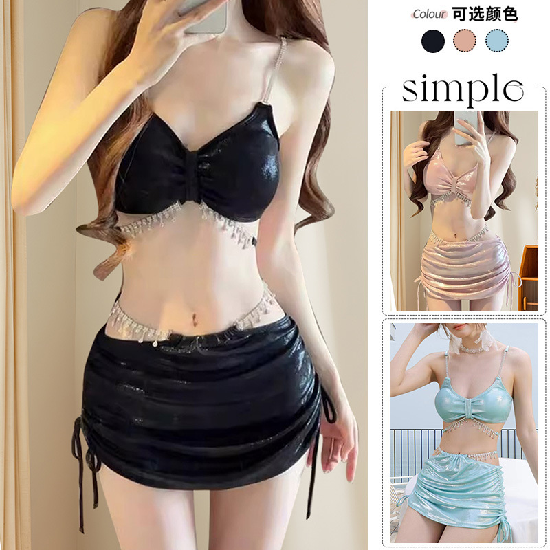 2025新款性感分体裙式泳衣亮面水钻流苏设计多色可选游泳衣批发-125018