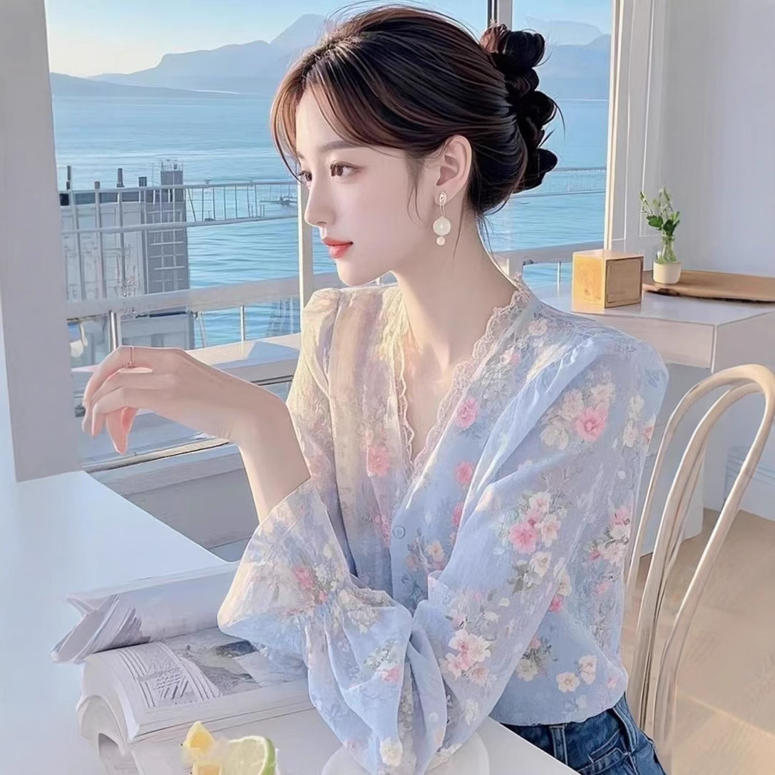 法式高级感蓝色碎花长袖雪纺衬衫女春季新款轻奢洋气漂亮绝美上衣细节图