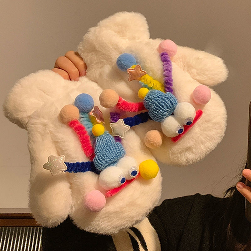 冬季可爱搞怪毛绒连指网红手套猫咪手套女保暖加厚防寒毛绒手套详情图2