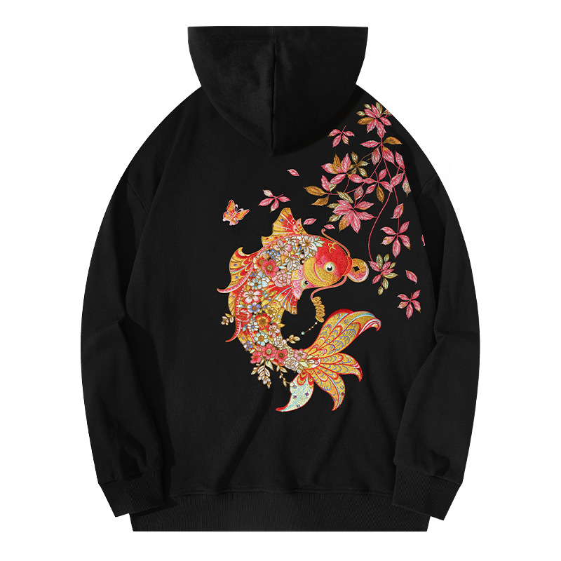 A heavyweight koi fish embroidered hooded sweatshirt for men, a Chinese-style long-sleeved, retro and loose casual top that adds the finishing touch