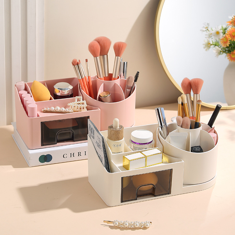 Rotating pen holder, multi-compartment desktop, lipstick and stationery, desk shelf, cross-border exclusive, with drawer compartment desktop storage box Application Scenario