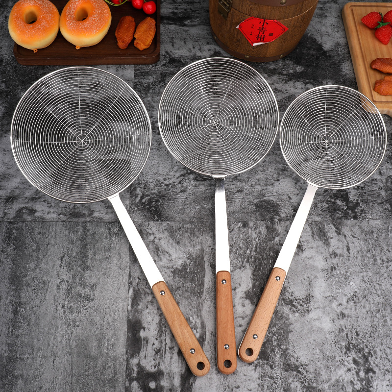 Stainless steel three-millimeter solid wood handle wire strainer reinforcement non-magnetic deep-frying strainer, household hot pot strainer, noodle scorer, draining net strainer details Picture