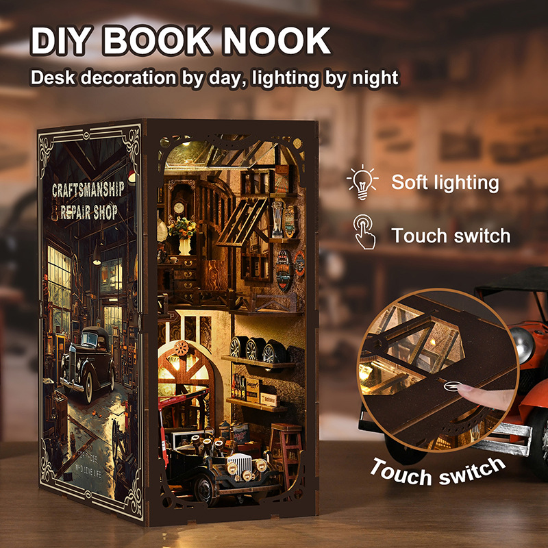 A miniature model of a new cross-border craft auto repair shop bookstand DIY house, hand-assembled three-dimensional bookstand house details Picture