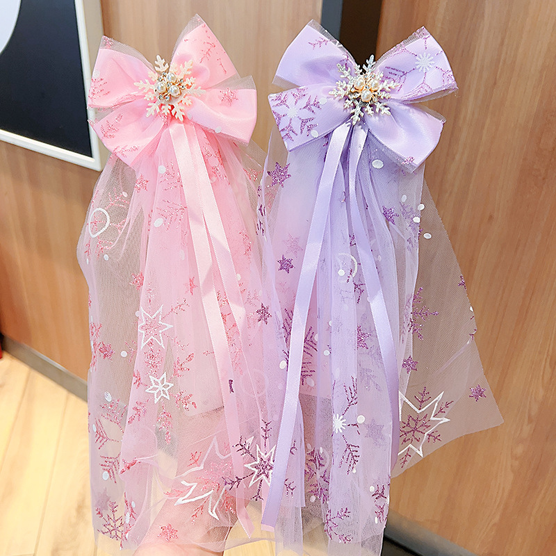 Children's hair accessories, princess super fairy bow hair clips, girls' gauze headscarves, ribbons, girls' hair flowers, pearl ice and snow hair accessories details Picture