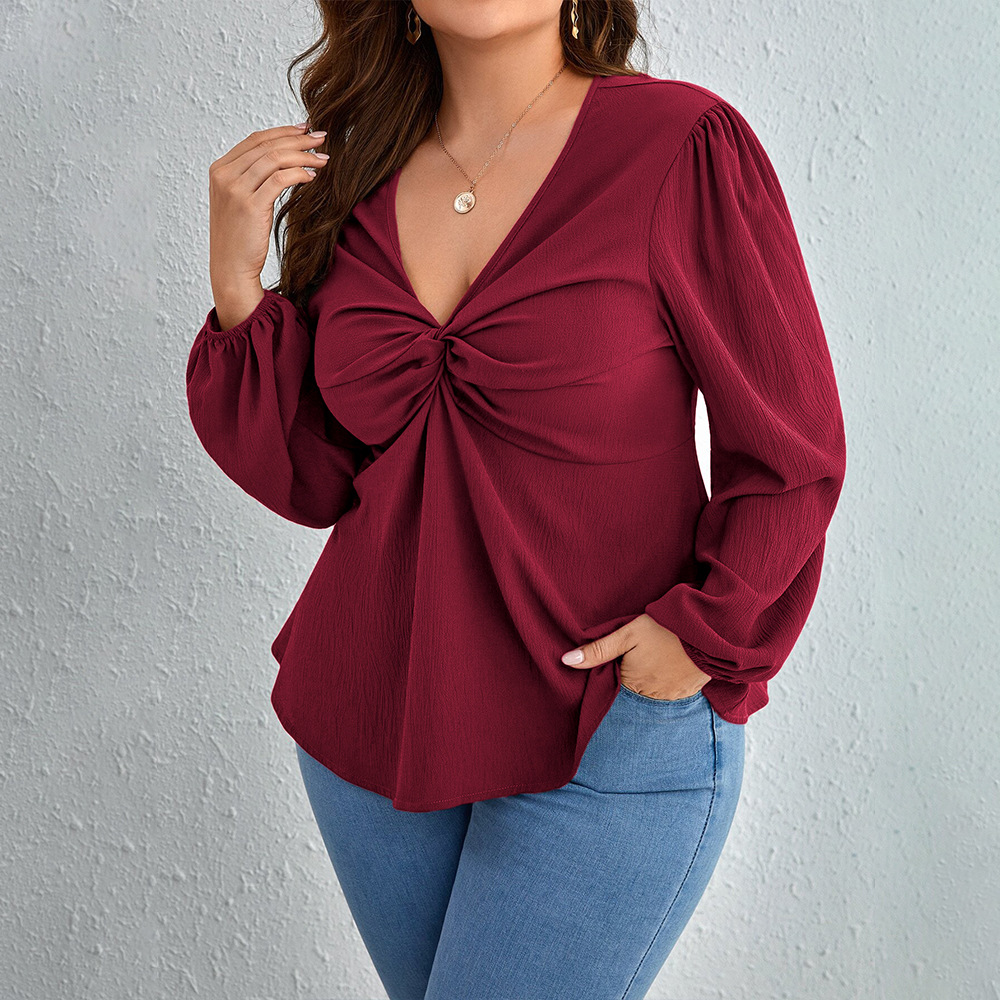 2024 International Station Cross-border plate-size women's wear V-neck T-shirt with a mature and ladylike style, fashionable and youthful wine red top for autumn and winter details Picture