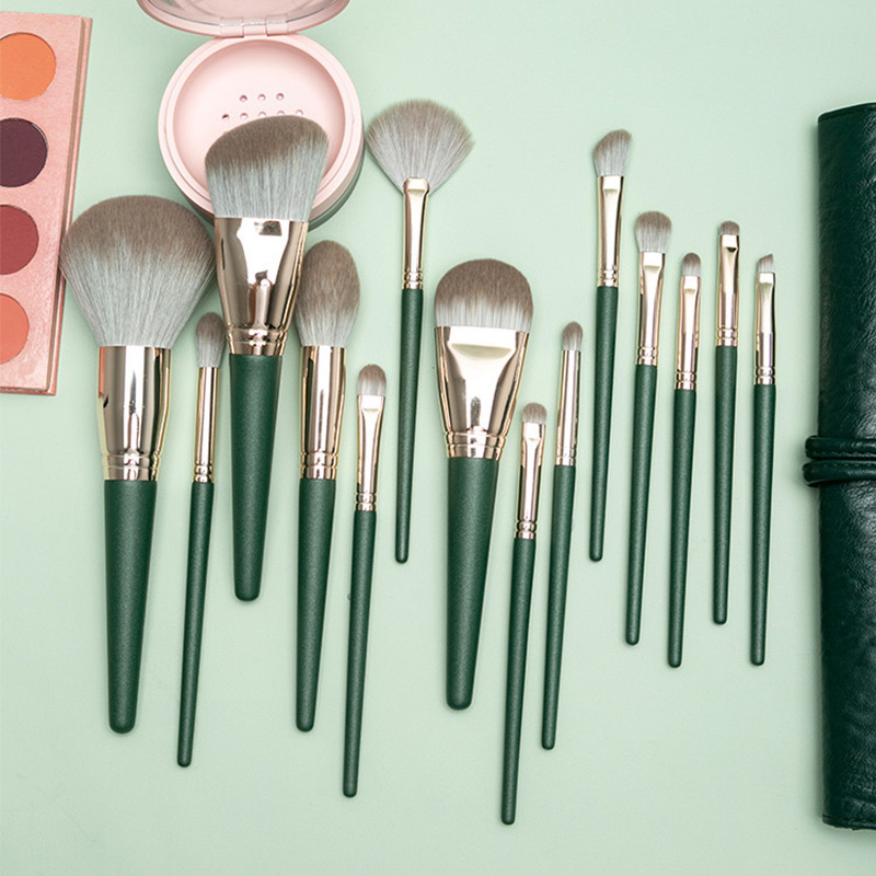 14-piece Green Cloud Makeup Brush Set, Cangzhou soft Bristle loose Powder eyeshadow brush complete set with PU storage roll, portable beauty work