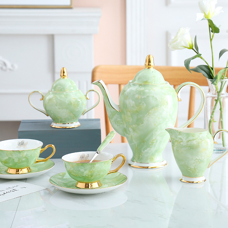 High-quality marble coffee sets, restaurant casual coffee pot sets, European-style high-end gilded bone China coffee cups and saucers details Picture