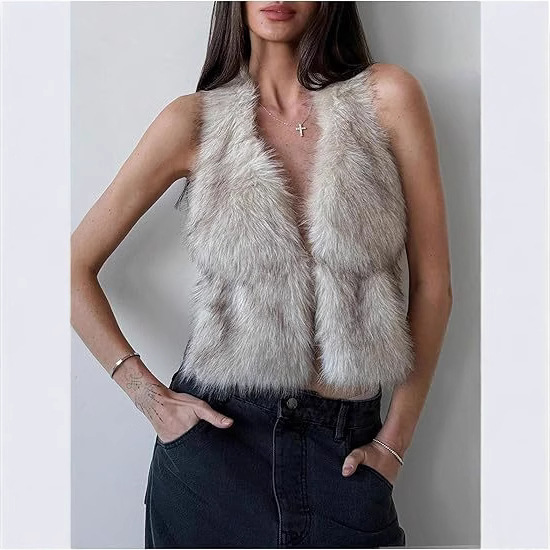 Aliexpress cross-border women's artificial fur sleeveless halter top, backless fur fox fur vest Specification drawing