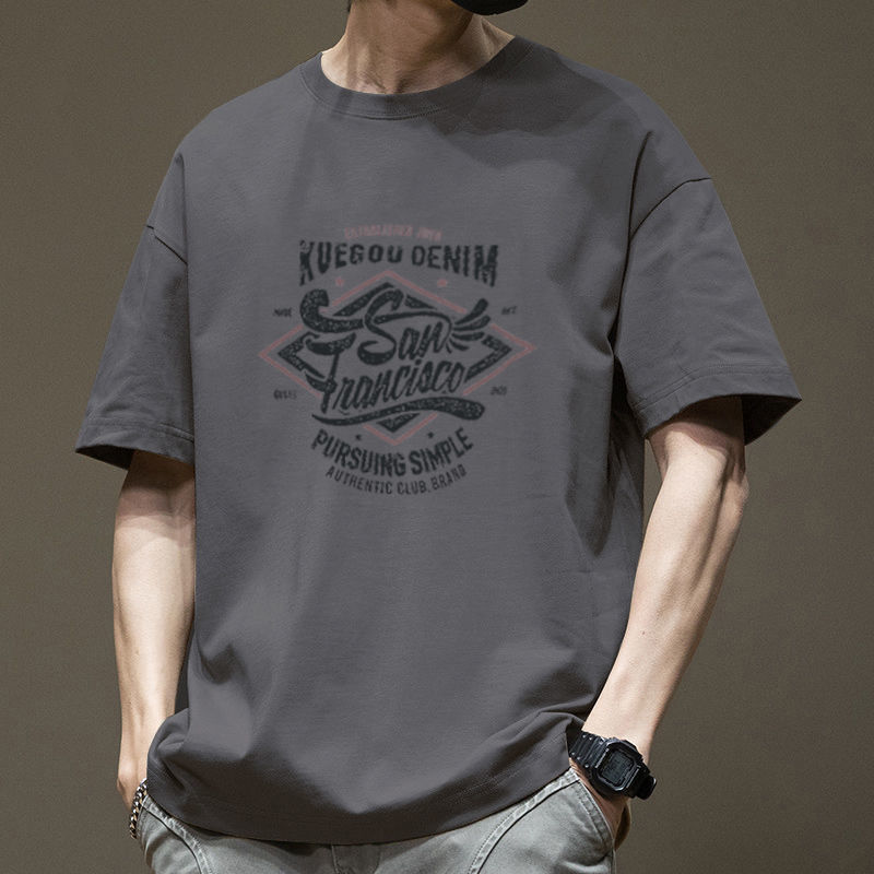 White short-sleeved men's half-sleeved T-shirt with loose print, retro round neck and letter, large-sized American style, a heavyweight Instagram Application Scenario