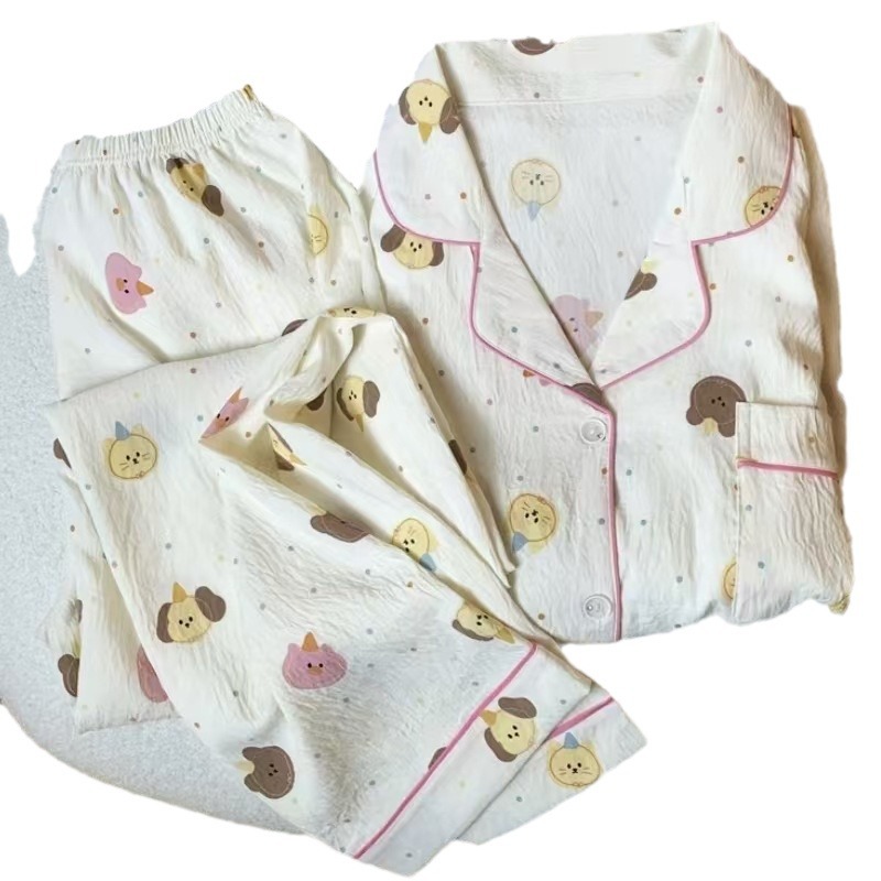 ins韩版秋季新款云朵棉长袖长裤睡衣女宽松卡通少女甜美直播套装白底实物图